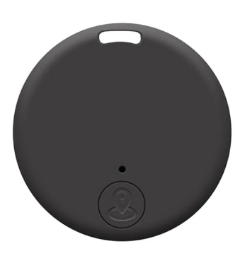 Black round key tracker with a person icon on a white background